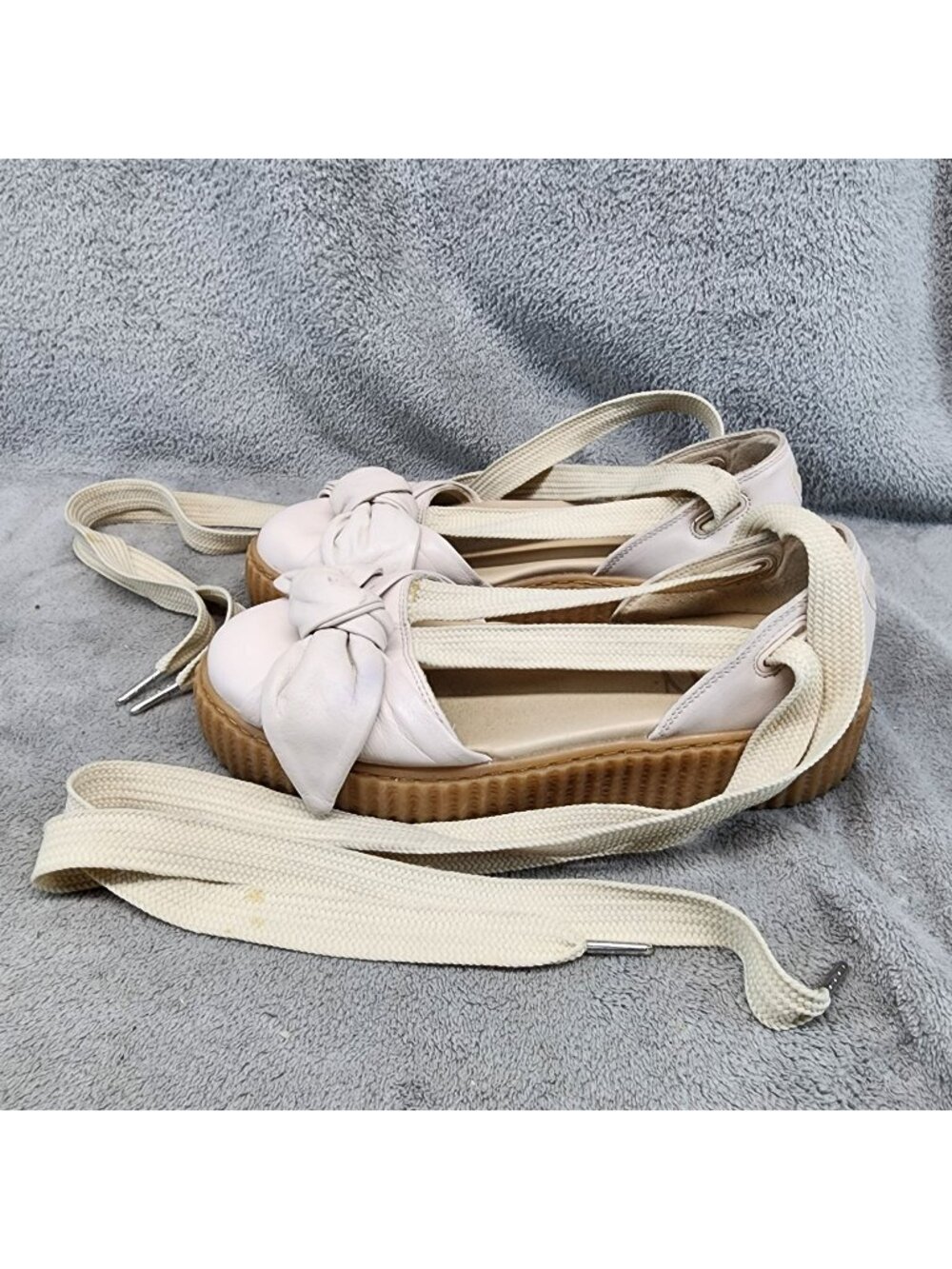 Fenty Puma Shoes Womens Size 8.5  Tan Leather Bow Creeper Sandals *Read*
